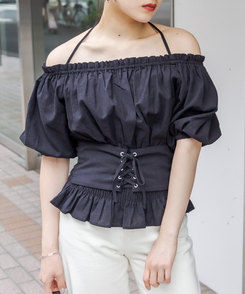 RASVOA（ラスボア）の「3wayレースアップベルトトップス/オフショルトップス（シャツ/ブラウス・レディース・ブラック/オフホワイト・FREE）」の2枚目の写真