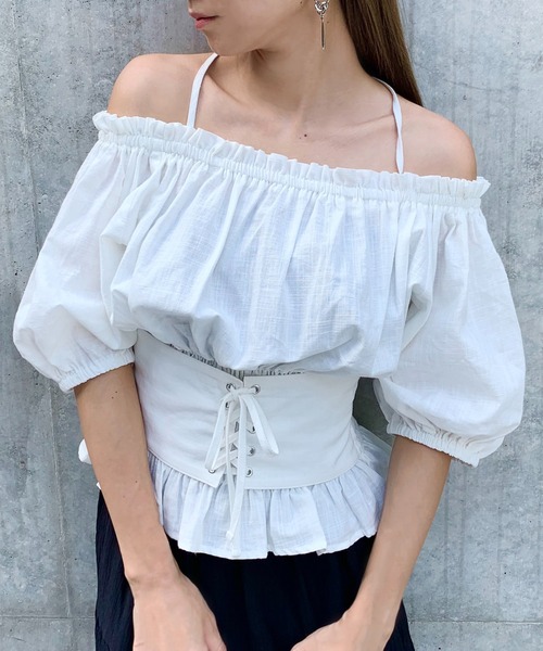 RASVOA（ラスボア）の「3wayレースアップベルトトップス/オフショルトップス（シャツ/ブラウス・レディース・ブラック/オフホワイト・FREE）」の7枚目の写真