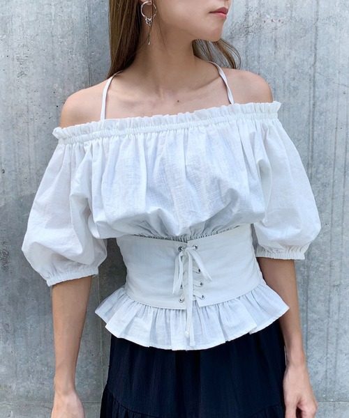 RASVOA（ラスボア）の「3wayレースアップベルトトップス/オフショルトップス（シャツ/ブラウス・レディース・ブラック/オフホワイト・FREE）」の16枚目の写真