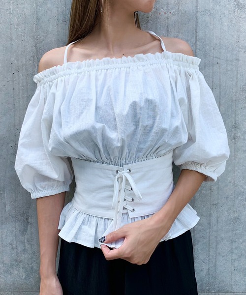 RASVOA（ラスボア）の「3wayレースアップベルトトップス/オフショルトップス（シャツ/ブラウス・レディース・ブラック/オフホワイト・FREE）」の5枚目の写真