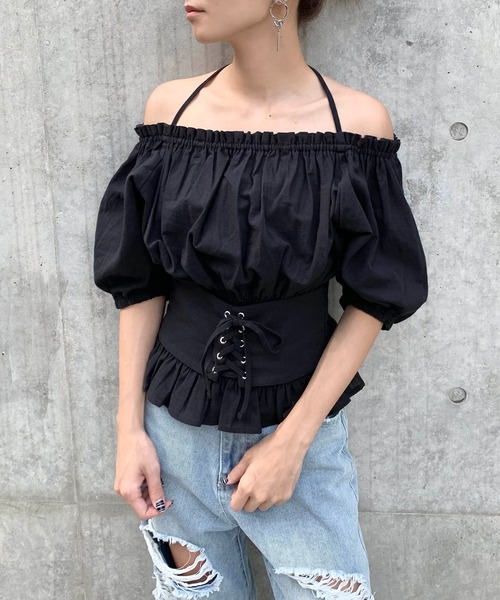 RASVOA（ラスボア）の「3wayレースアップベルトトップス/オフショルトップス（シャツ/ブラウス・レディース・ブラック/オフホワイト・FREE）」の6枚目の写真