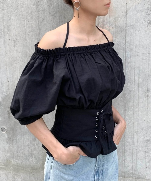 RASVOA（ラスボア）の「3wayレースアップベルトトップス/オフショルトップス（シャツ/ブラウス・レディース・ブラック/オフホワイト・FREE）」の4枚目の写真