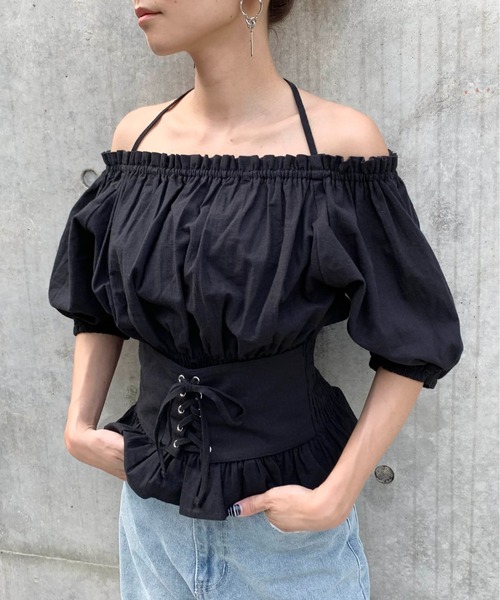 RASVOA（ラスボア）の「3wayレースアップベルトトップス/オフショルトップス（シャツ/ブラウス・レディース・ブラック/オフホワイト・FREE）」の17枚目の写真