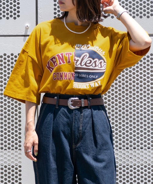 PairPair(ペアペア)の「カレッジロゴアレンジT(ユニセックス)(Tシャツ/カットソー・レディース・マスタード/オートミール/スミクロ・FREE)」の3枚目の写真