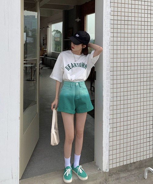 ハイウエストボタン stretchy カラーショートパンツ[品番
