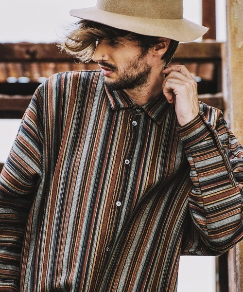 NO ID.（ノーアイディ）の「ms4823- ﾏﾙﾁｽﾄﾗｲﾌﾟﾄﾞﾙﾏﾝｽﾘｰﾌﾞBIG-SH（シャツ/ブラウス・メンズ・ベージュ/グリーン/ブラック・ONE SIZE）」の3枚目の写真