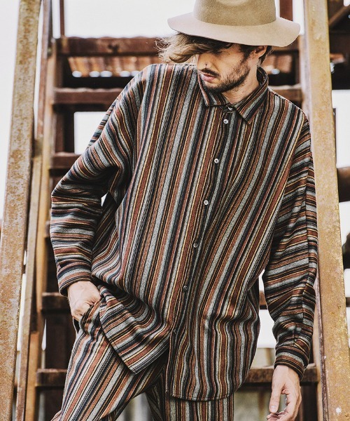 NO ID.（ノーアイディ）の「ms4823- ﾏﾙﾁｽﾄﾗｲﾌﾟﾄﾞﾙﾏﾝｽﾘｰﾌﾞBIG-SH（シャツ/ブラウス・メンズ・ベージュ/グリーン/ブラック・ONE SIZE）」の10枚目の写真