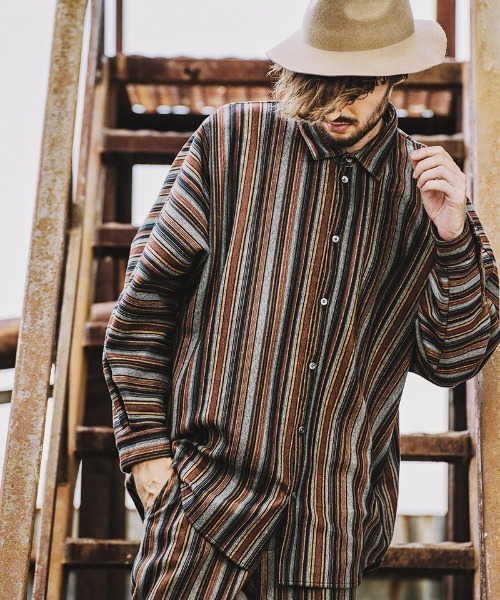 NO ID.（ノーアイディ）の「ms4823- ﾏﾙﾁｽﾄﾗｲﾌﾟﾄﾞﾙﾏﾝｽﾘｰﾌﾞBIG-SH（シャツ/ブラウス・メンズ・ベージュ/グリーン/ブラック・ONE SIZE）」の7枚目の写真