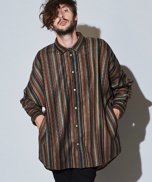 NO ID.（ノーアイディ）の「ms4823- ﾏﾙﾁｽﾄﾗｲﾌﾟﾄﾞﾙﾏﾝｽﾘｰﾌﾞBIG-SH（シャツ/ブラウス・メンズ・ベージュ/グリーン/ブラック・ONE SIZE）」の16枚目の写真