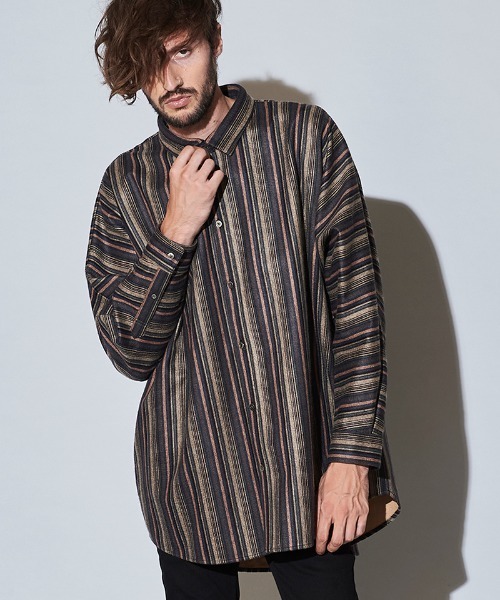 NO ID.（ノーアイディ）の「ms4823- ﾏﾙﾁｽﾄﾗｲﾌﾟﾄﾞﾙﾏﾝｽﾘｰﾌﾞBIG-SH（シャツ/ブラウス・メンズ・ベージュ/グリーン/ブラック・ONE SIZE）」の14枚目の写真