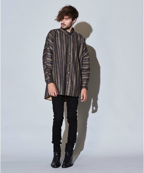 NO ID.（ノーアイディ）の「ms4823- ﾏﾙﾁｽﾄﾗｲﾌﾟﾄﾞﾙﾏﾝｽﾘｰﾌﾞBIG-SH（シャツ/ブラウス・メンズ・ベージュ/グリーン/ブラック・ONE SIZE）」の5枚目の写真