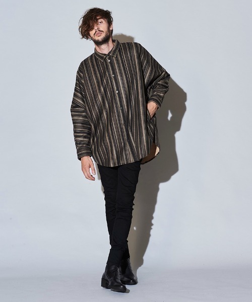 NO ID.（ノーアイディ）の「ms4823- ﾏﾙﾁｽﾄﾗｲﾌﾟﾄﾞﾙﾏﾝｽﾘｰﾌﾞBIG-SH（シャツ/ブラウス・メンズ・ベージュ/グリーン/ブラック・ONE SIZE）」の21枚目の写真