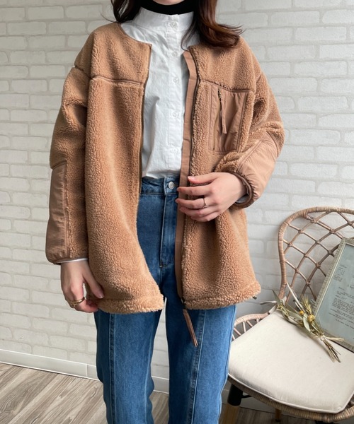 A.N.L（エーエヌエル　レーベル）の「パイピングボアコート（ムートンコート・レディース・ブラック/キャメル/グレイッシュベージュ・FREE）」の3枚目の写真