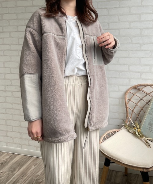 A.N.L（エーエヌエル　レーベル）の「パイピングボアコート（ムートンコート・レディース・ブラック/キャメル/グレイッシュベージュ・FREE）」の20枚目の写真