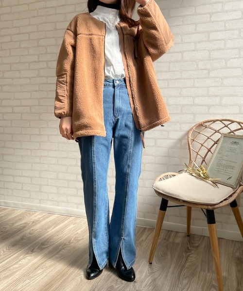 A.N.L（エーエヌエル　レーベル）の「パイピングボアコート（ムートンコート・レディース・ブラック/キャメル/グレイッシュベージュ・FREE）」の13枚目の写真