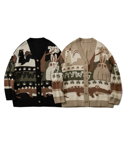 セール】【HOOK】レトロ調パッチワーク柄ウサギイラストカーディガン