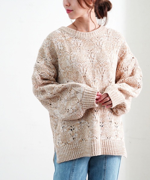 Fizz(フィズ)の「【Fizz/フィズ】 透かし編みミックスニット(ニット/セーター・レディース・ベージュ/ブラック/グリーン・M)」の1枚目の写真
