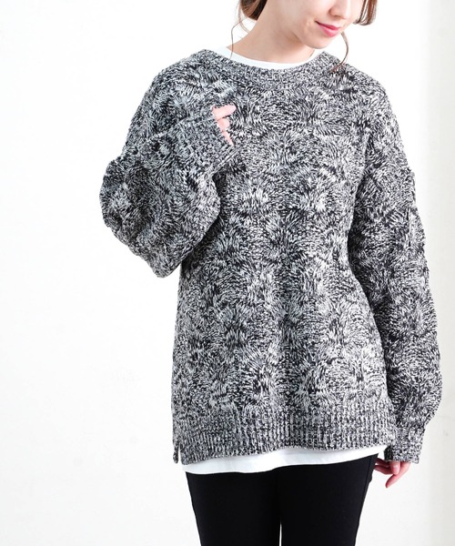 Fizz(フィズ)の「【Fizz/フィズ】 透かし編みミックスニット(ニット/セーター・レディース・ベージュ/ブラック/グリーン・M)」の2枚目の写真
