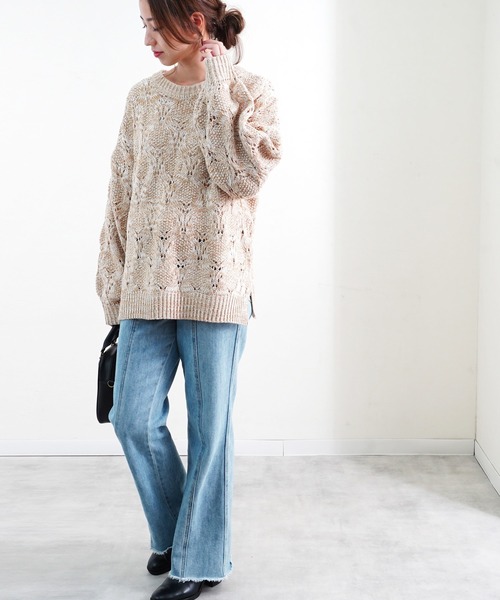 Fizz(フィズ)の「【Fizz/フィズ】 透かし編みミックスニット(ニット/セーター・レディース・ベージュ/ブラック/グリーン・M)」の13枚目の写真