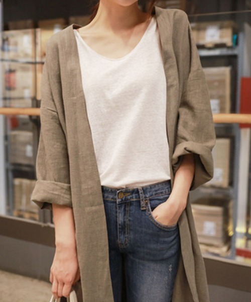 CLEA（クレア）の「ロングガウンカーディガン◇（カーディガン/ボレロ・レディース・ネイビー/カーキ/ブラック/ブラウン/グリーン/ライトグレー・FREE）」の11枚目の写真