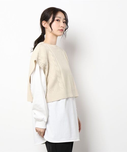 CPCM（シーピーシーエム）の「ケーブルバックスリットニットベストSET（Tシャツ/カットソー・レディース・グリーン/チャコールグレー/オフホワイト/オレンジ・FREE）」の5枚目の写真