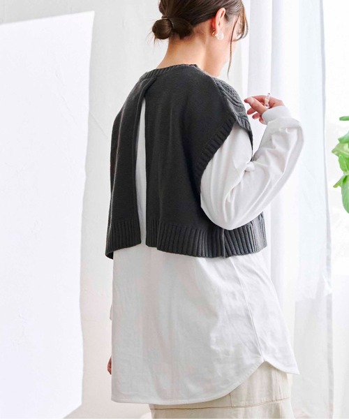 CPCM（シーピーシーエム）の「ケーブルバックスリットニットベストSET（Tシャツ/カットソー・レディース・グリーン/チャコールグレー/オフホワイト/オレンジ・FREE）」の3枚目の写真