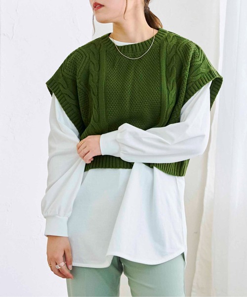 CPCM（シーピーシーエム）の「ケーブルバックスリットニットベストSET（Tシャツ/カットソー・レディース・グリーン/チャコールグレー/オフホワイト/オレンジ・FREE）」の10枚目の写真