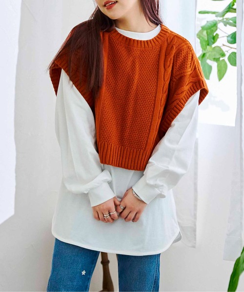 CPCM（シーピーシーエム）の「ケーブルバックスリットニットベストSET（Tシャツ/カットソー・レディース・グリーン/チャコールグレー/オフホワイト/オレンジ・FREE）」の14枚目の写真