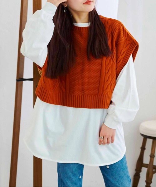 CPCM（シーピーシーエム）の「ケーブルバックスリットニットベストSET（Tシャツ/カットソー・レディース・グリーン/チャコールグレー/オフホワイト/オレンジ・FREE）」の16枚目の写真