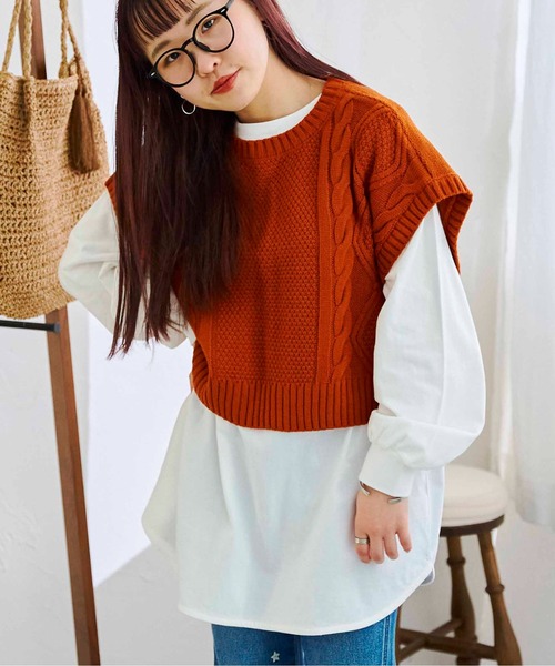 CPCM（シーピーシーエム）の「ケーブルバックスリットニットベストSET（Tシャツ/カットソー・レディース・グリーン/チャコールグレー/オフホワイト/オレンジ・FREE）」の17枚目の写真