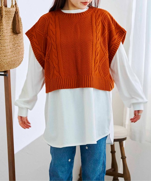 CPCM（シーピーシーエム）の「ケーブルバックスリットニットベストSET（Tシャツ/カットソー・レディース・グリーン/チャコールグレー/オフホワイト/オレンジ・FREE）」の18枚目の写真