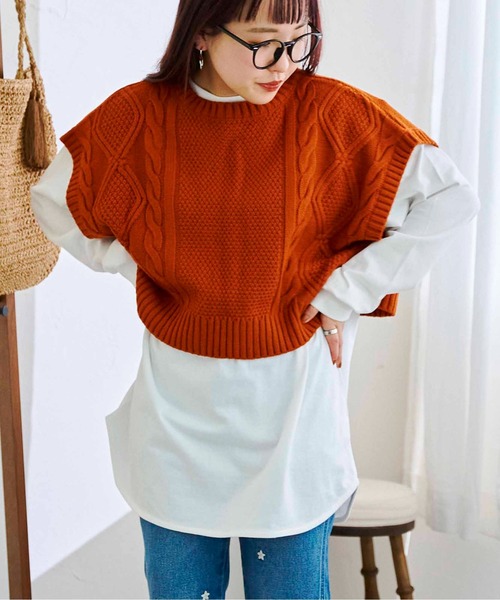 CPCM（シーピーシーエム）の「ケーブルバックスリットニットベストSET（Tシャツ/カットソー・レディース・グリーン/チャコールグレー/オフホワイト/オレンジ・FREE）」の19枚目の写真
