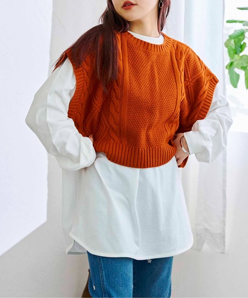 CPCM（シーピーシーエム）の「ケーブルバックスリットニットベストSET（Tシャツ/カットソー・レディース・グリーン/チャコールグレー/オフホワイト/オレンジ・FREE）」の21枚目の写真