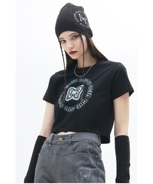 A'GEM/9 × .kom『LUV IS TRUE/ラブ イズ トゥルー』BUTTERFLY TEE/クロップド丈 バタフライデザイン半袖カットソー