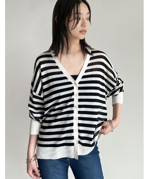 Re:EDIT（リエディ）の「[サステナブル][接触冷感]麻タッチシアーニットカーディガン（カーディガン/ボレロ・レディース・ブラック/ピンク/ブルー/グリーン/ホワイト/オレンジ/ブラック系その他/ブラウン/ホワイト系その他/ベージュ/チャコールグレー/ライトピンク・MEDIUM/LARGE）」の3枚目の写真