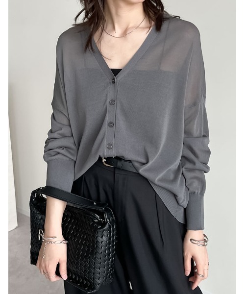 Re:EDIT（リエディ）の「[サステナブル][接触冷感]麻タッチシアーニットカーディガン（カーディガン/ボレロ・レディース・ブラック/ピンク/ブルー/グリーン/ホワイト/オレンジ/ブラック系その他/ブラウン/ホワイト系その他/ベージュ/チャコールグレー/ライトピンク・MEDIUM/LARGE）」の6枚目の写真