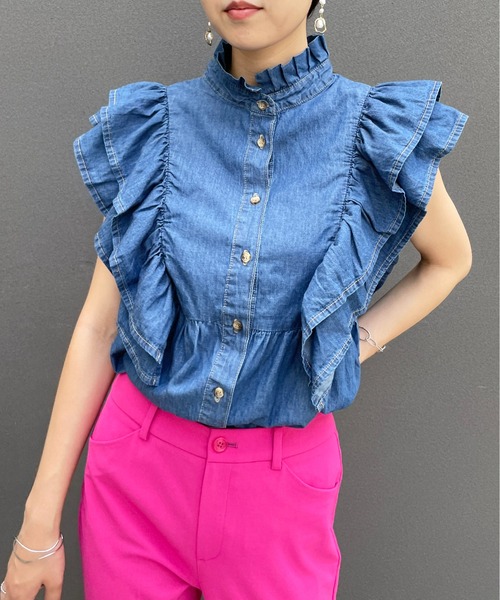 StyleSea(スタイルシー)の「デニムヨークフリルノースリーブブラウス(シャツ/ブラウス・レディース・ライトブルー/ブルー・MEDIUM)」の15枚目の写真