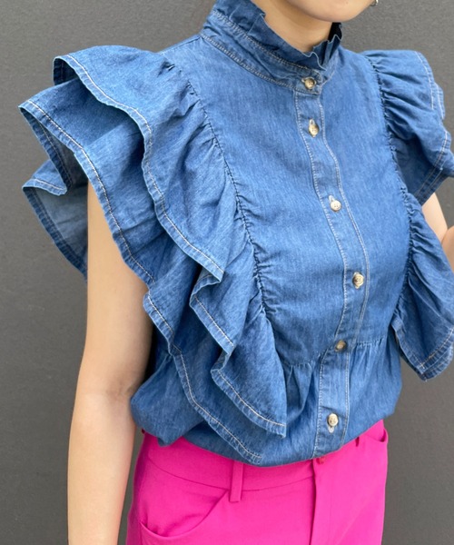 StyleSea(スタイルシー)の「デニムヨークフリルノースリーブブラウス(シャツ/ブラウス・レディース・ライトブルー/ブルー・MEDIUM)」の19枚目の写真