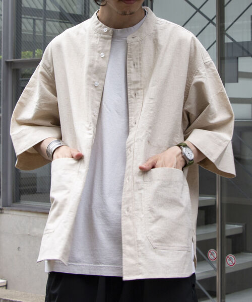 GLOSTER（グロスター）の「【GLOSTER/グロスター】ユーロミリタリー バンドカラービッグシャツ シャツアウター（シャツ/ブラウス・メンズ・キナリ/チャコールグレー/オリーブ・S/M/L）」の4枚目の写真