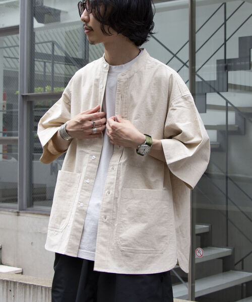 GLOSTER（グロスター）の「【GLOSTER/グロスター】ユーロミリタリー バンドカラービッグシャツ シャツアウター（シャツ/ブラウス・メンズ・キナリ/チャコールグレー/オリーブ・S/M/L）」の5枚目の写真