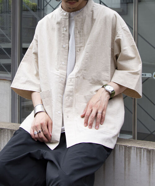 GLOSTER（グロスター）の「【GLOSTER/グロスター】ユーロミリタリー バンドカラービッグシャツ シャツアウター（シャツ/ブラウス・メンズ・キナリ/チャコールグレー/オリーブ・S/M/L）」の12枚目の写真