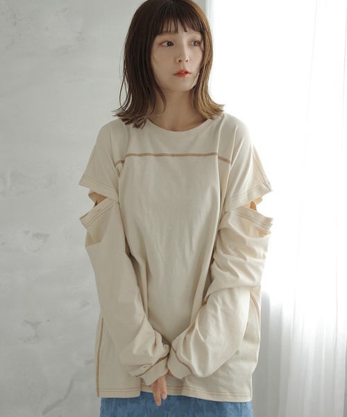 Crisp（クリスプ）の「2wayロングTシャツ（Tシャツ/カットソー・レディース・パープル/アイボリー・FREE）」の10枚目の写真