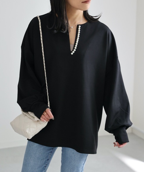 ap retro（アプレトロ）の「パール付ディープVネックプルオーバー（Tシャツ/カットソー・レディース・ブラック/グレイッシュベージュ/アイボリー・FREE）」の9枚目の写真