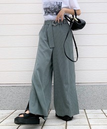 Q | ストライプサイドスリットワイドパンツ(その他パンツ)