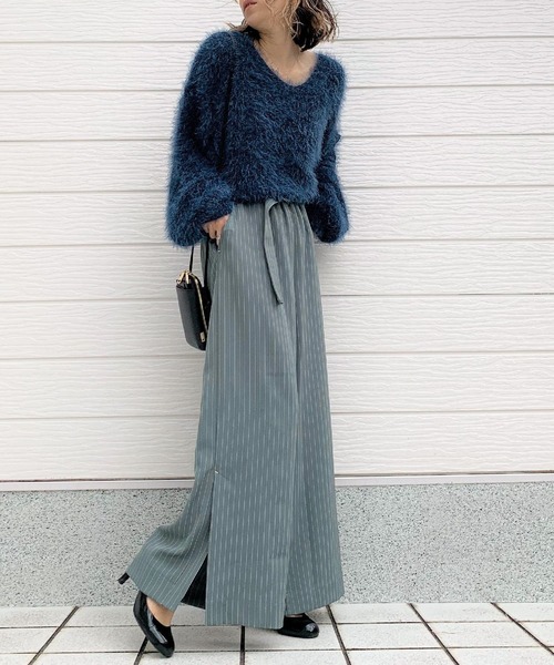 Q（キュー）の「ストライプサイドスリットワイドパンツ（その他パンツ・レディース・ブラック系その他/カーキ・MEDIUM）」の10枚目の写真