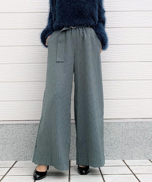 Q（キュー）の「ストライプサイドスリットワイドパンツ（その他パンツ・レディース・ブラック系その他/カーキ・MEDIUM）」の14枚目の写真