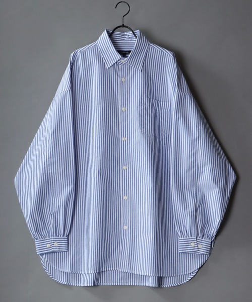 SITRY（シトリー）の「Balloon Sleeve Oversize Striped Shirt/バルーンスリーブ オーバーサイズ ストライプシャツ（シャツ/ブラウス・メンズ・グリーン/ブルー・M/L）」の2枚目の写真