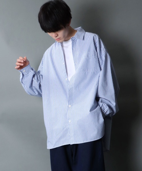 SITRY（シトリー）の「Balloon Sleeve Oversize Striped Shirt/バルーンスリーブ オーバーサイズ ストライプシャツ（シャツ/ブラウス・メンズ・グリーン/ブルー・M/L）」の19枚目の写真