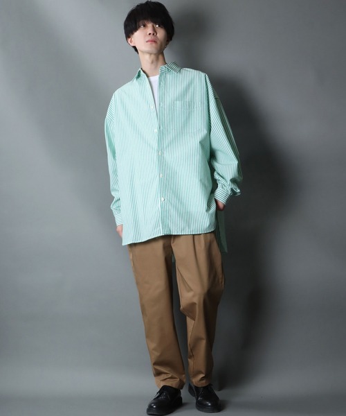SITRY（シトリー）の「Balloon Sleeve Oversize Striped Shirt/バルーンスリーブ オーバーサイズ ストライプシャツ（シャツ/ブラウス・メンズ・グリーン/ブルー・M/L）」の15枚目の写真