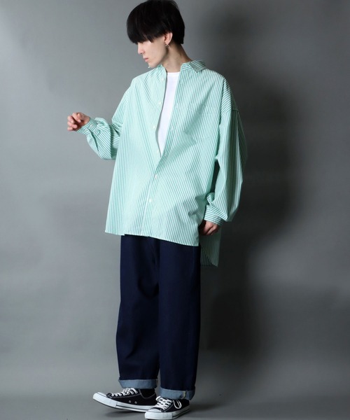 SITRY（シトリー）の「Balloon Sleeve Oversize Striped Shirt/バルーンスリーブ オーバーサイズ ストライプシャツ（シャツ/ブラウス・メンズ・グリーン/ブルー・M/L）」の14枚目の写真